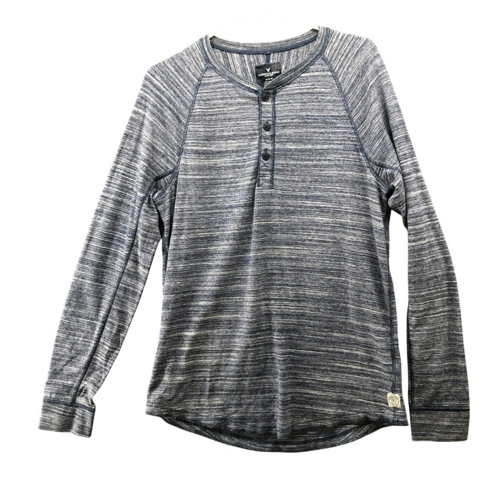 American Eagle Long Sleeve Henley T Shirt Mens M Blue Heathered‎ Cotton Poly